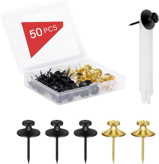 50 PCS Thumb Tacks for Wall Picture Hangers, Double Headed Picture Hanging Nails Kit, Push Pins Wall Hooks, Renter Friendly Decor Thumbtacks for Tapestry Frame Art Photos(Black &Gold)