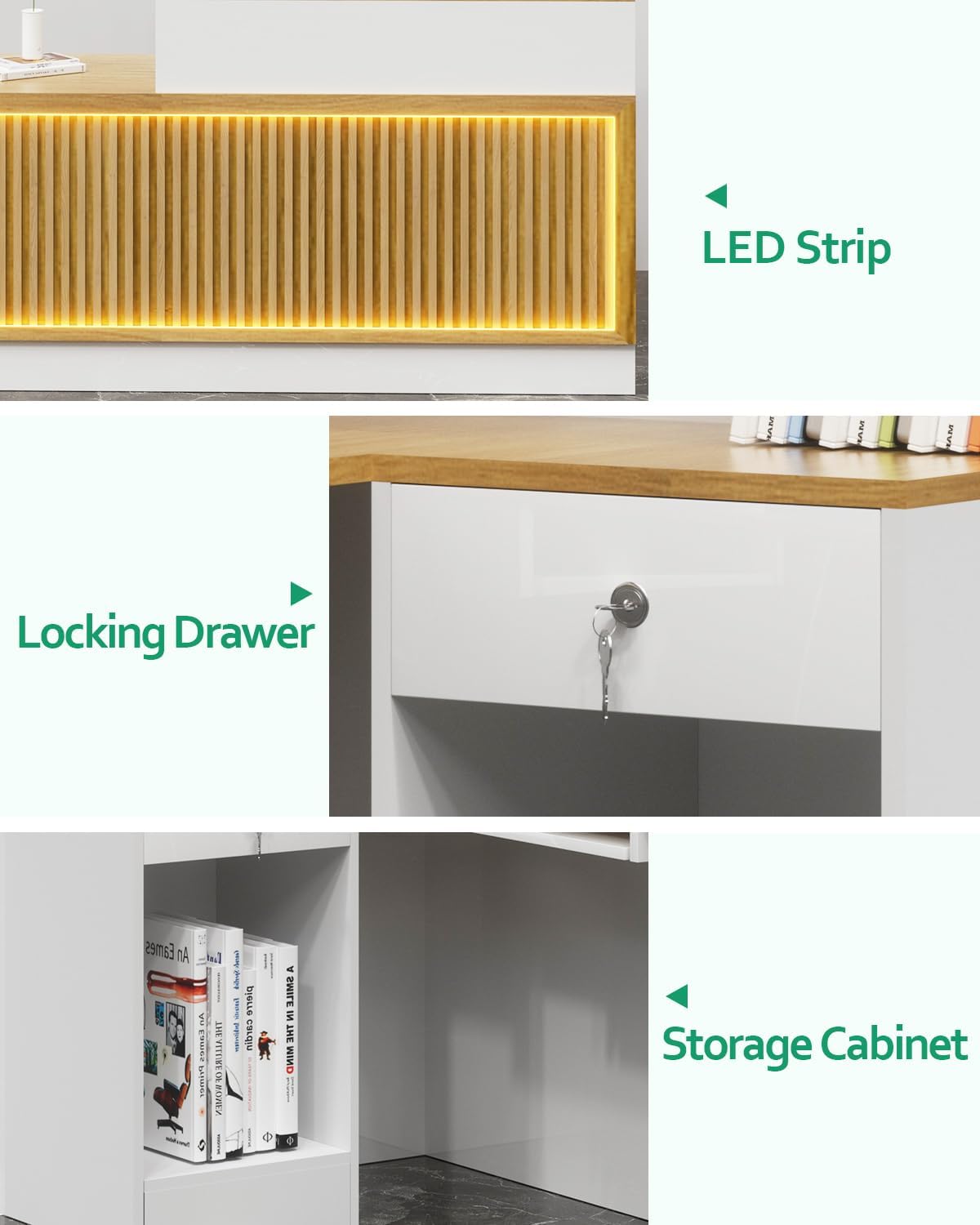 L Shaped Reception Desk, Solid Wood Front Desk with Counter & Lockable Drawers, Retail Checkout Customer 2 Person Secretary Desks for Home Office Lobby Store (70in,Right)