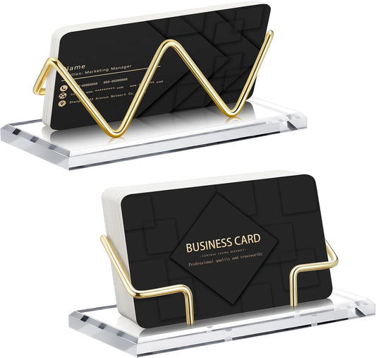 Amyhill 2 Pieces Acrylic Business Card Holder for Desk Clear Horizontal Business Card Display Stand Postcard Holder for Office Home Desktop (Gold)