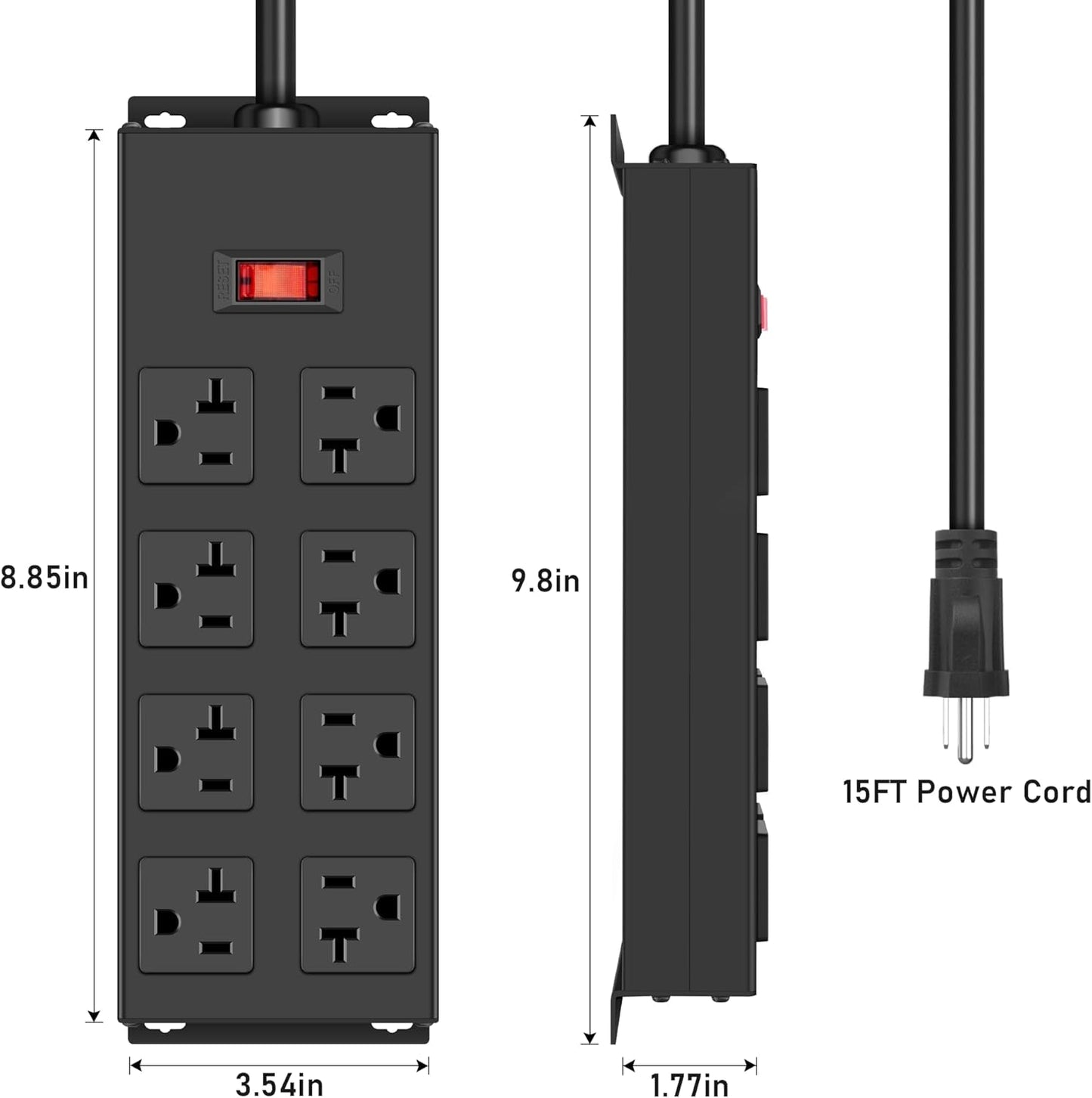 JUNNUJ Heavy Duty 20 Amp Power Strip, Garage 8 Outlets Metal 12 Gauge Surge Protector 3000J, High Amp 5-15P Adapter Shop 6-20R T-Slot Industrial Outlets (8AC, 15FT)