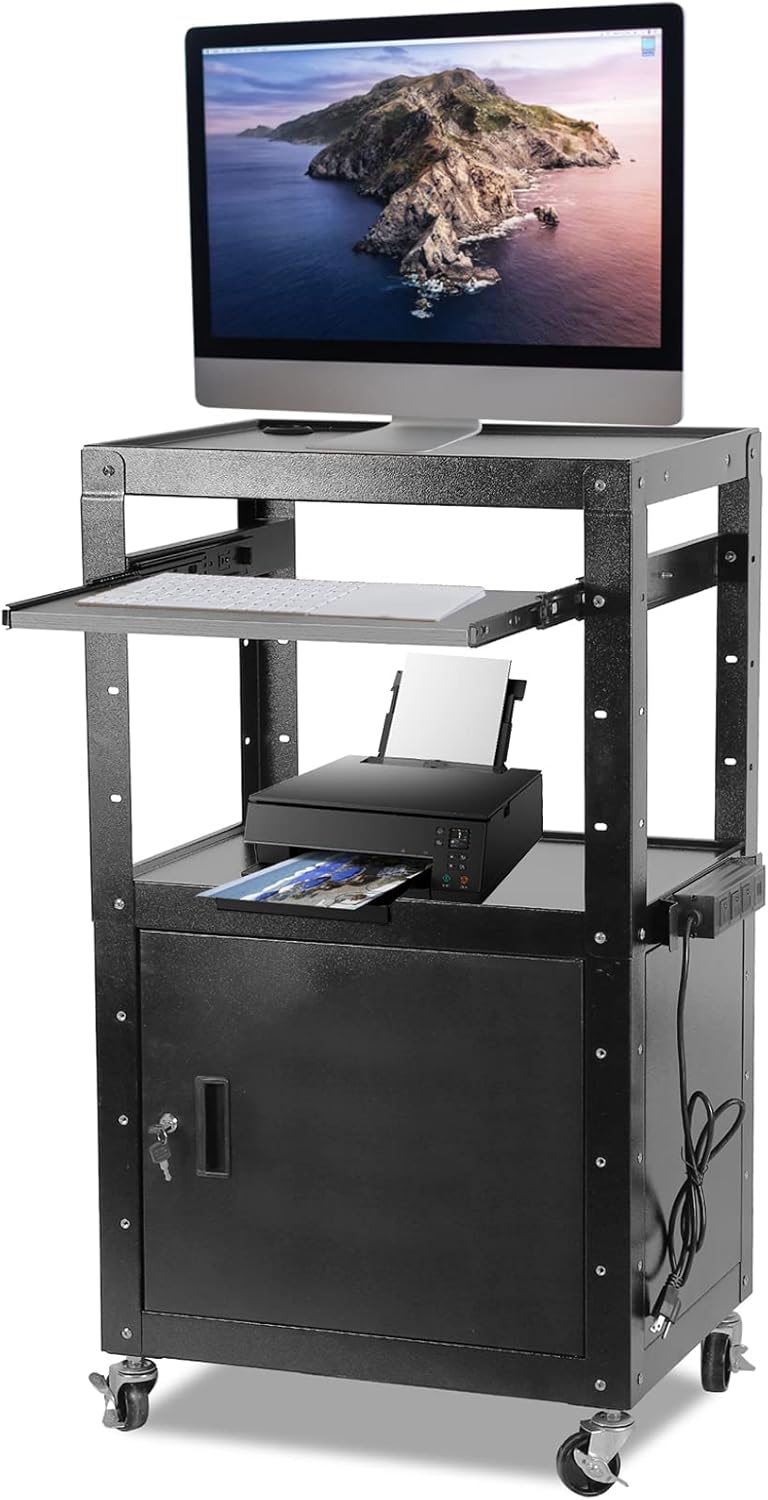 AV Carts, Rolling Presentation Cart Station, Height Adjustable Media Cart for Video Projector, TV, Printers, Computers with 1 Storage Locking Cabinet, 1 Sliding Keyboard Tray, 3 Outlets, 2 USB Ports