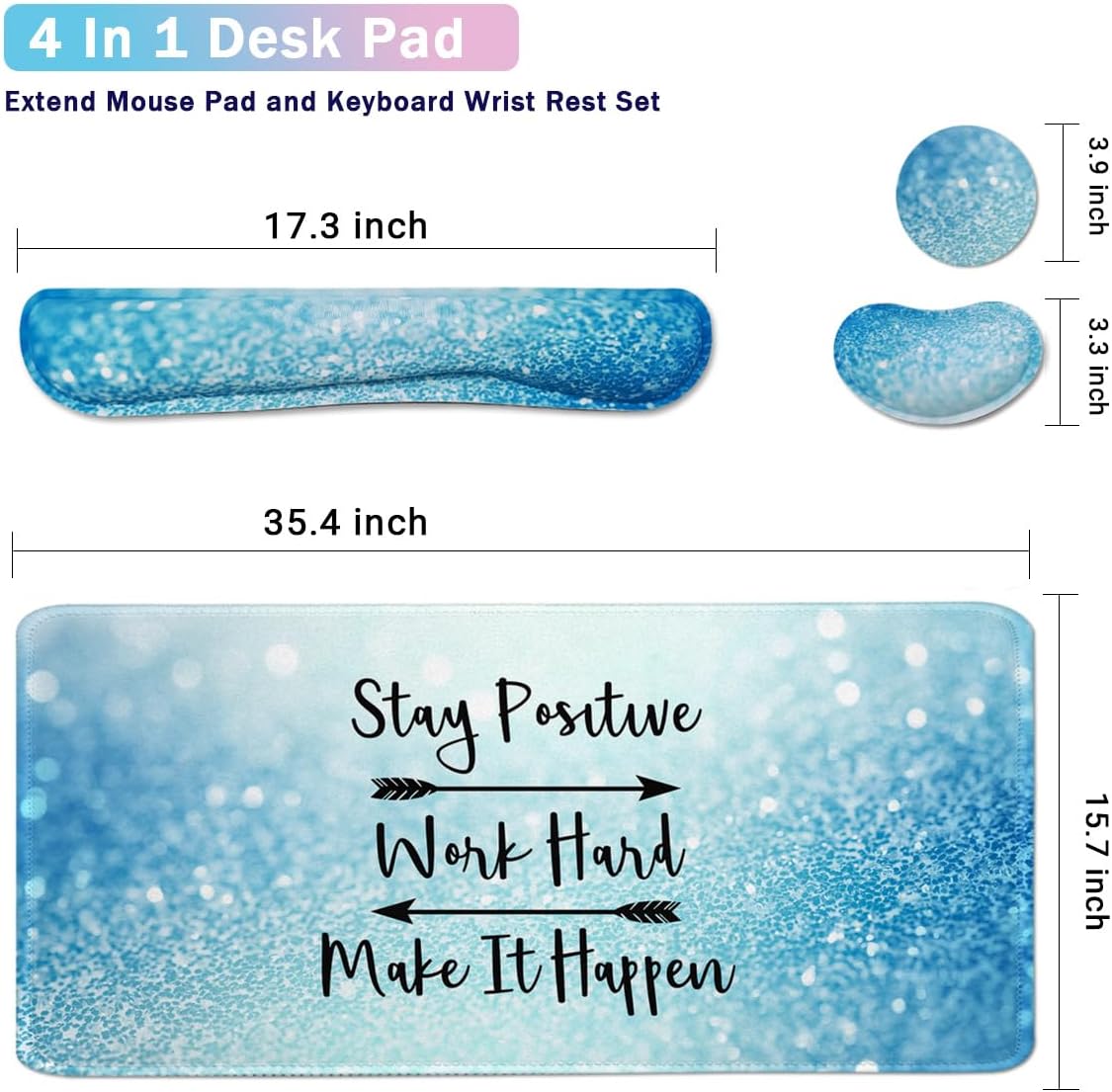 4-in-1 Large Gaming Mouse Pad, Keyboard Wrist Rest Pad & Wrist Support Mousepad Set, Extended Desk Pad Waterproof Desk Mat for Home Office Study Game - Stay Positive