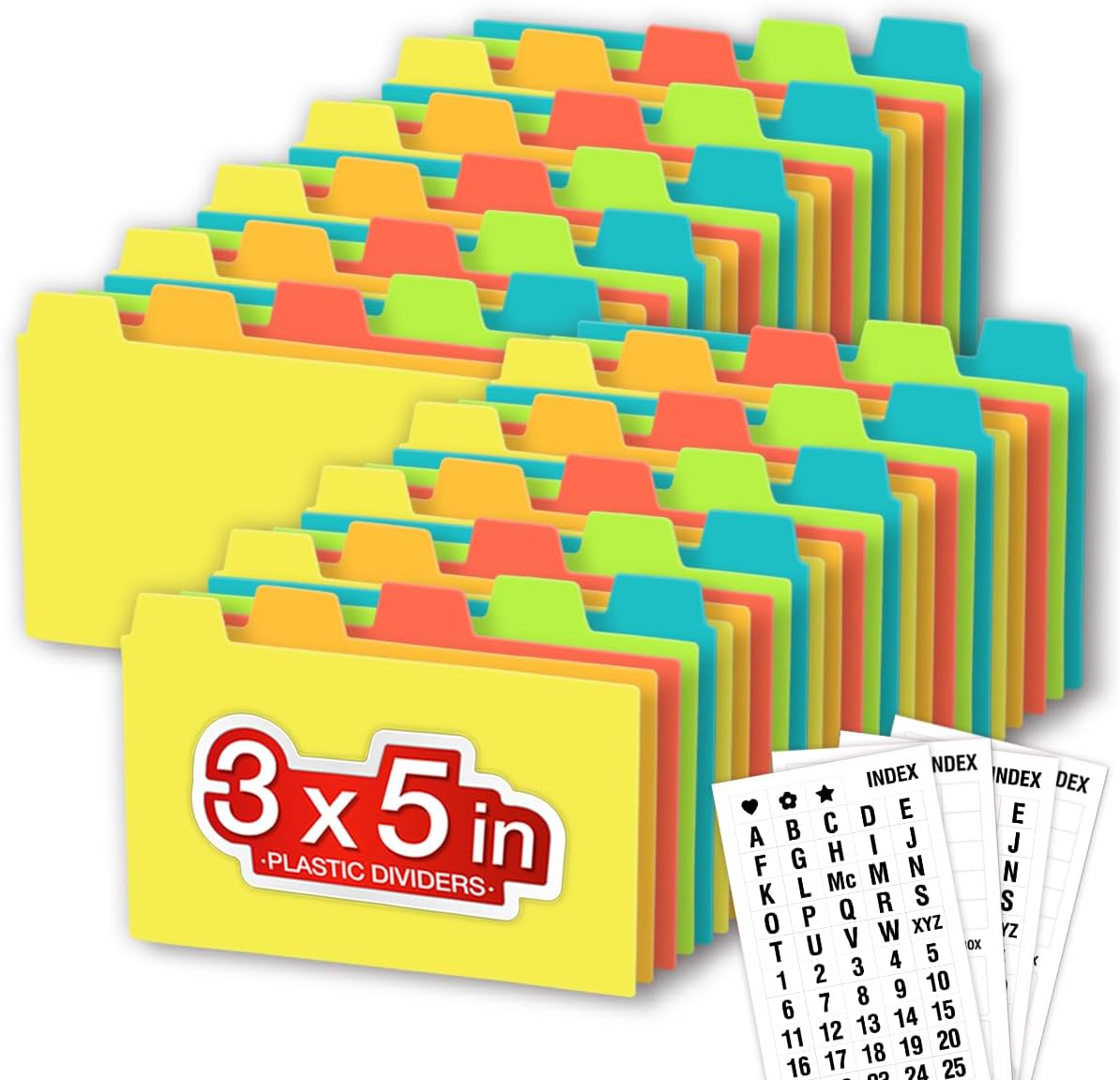Chell 3x5 Plastic Index Card Dividers, Heavyweight Poly Index Card Guides A-Z for Flash Cards and Recipe Cards, with Alphabetical/Blank Stickers, Pack of 50