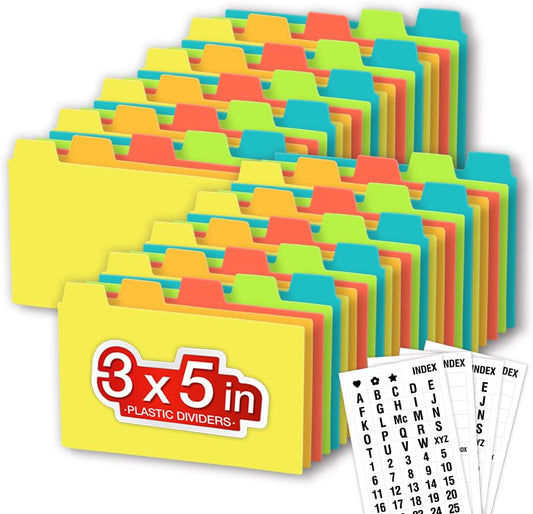 Chell 3x5 Plastic Index Card Dividers, Heavyweight Poly Index Card Guides A-Z for Flash Cards and Recipe Cards, with Alphabetical/Blank Stickers, Pack of 50