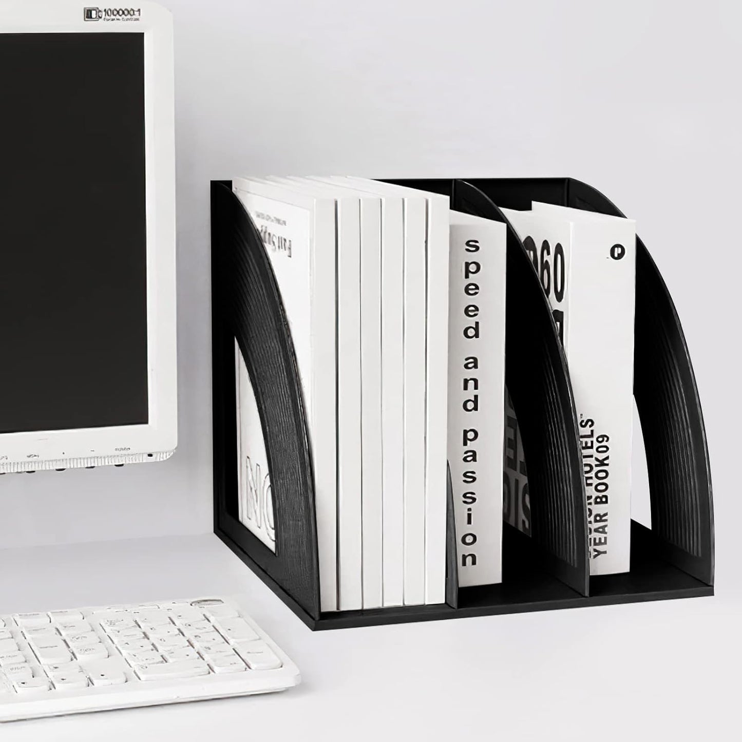 SAYEEC 2 Pack Magazine File Holder for Desktop 3 Compartment Binder Folder Notebook Standing Organizer Office Racks Black Holds Documents for School Working