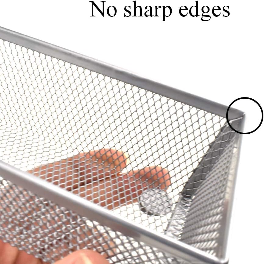 HAHIYO Stackable Mesh Tray Cup 6 x 3 x 2 inches Sturdy Container for Desk Drawer Organizer Collection for Home Office School kitchen Soft Foam Feet No Sharp Edges 2 Pack Silver