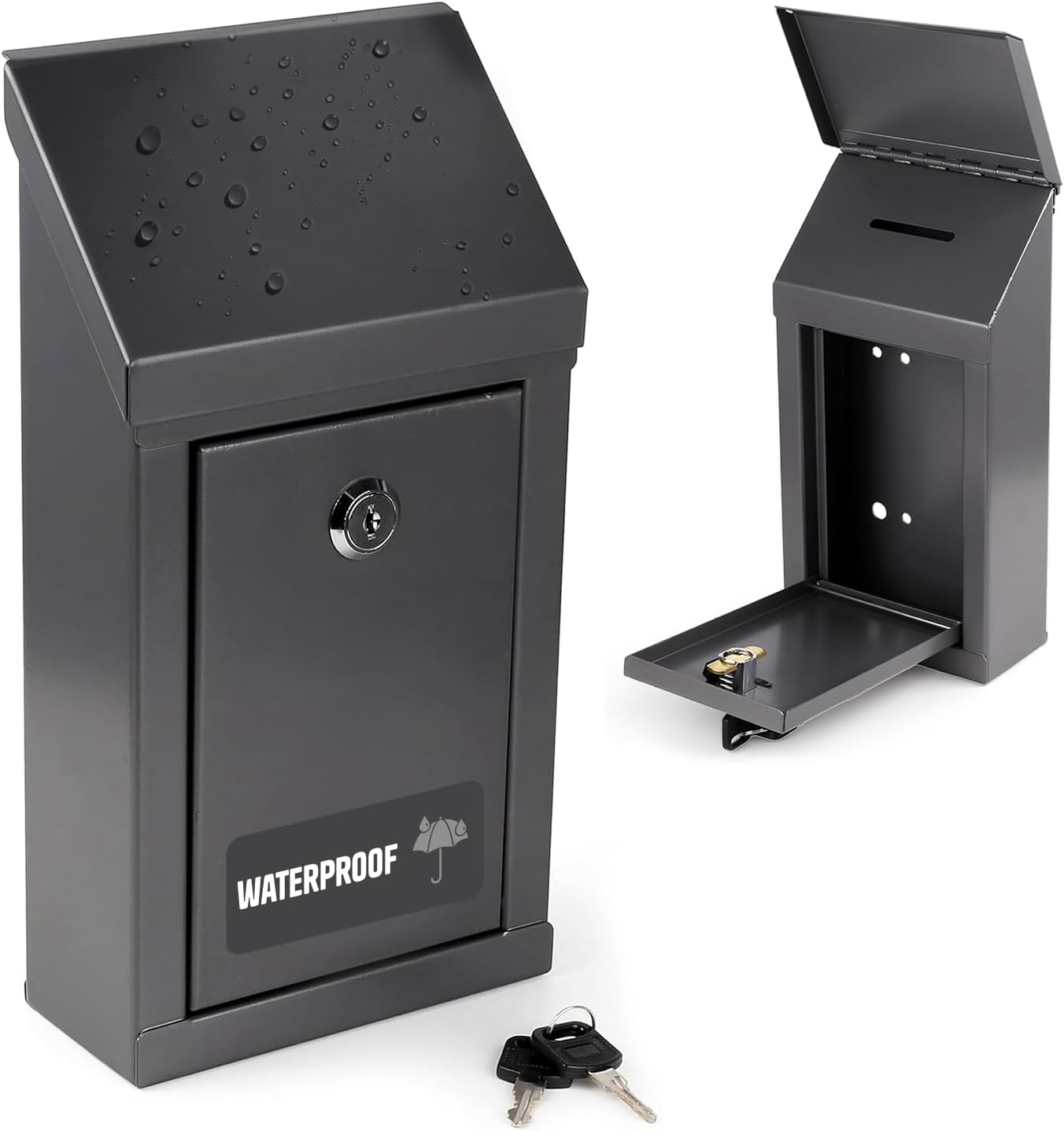 Metal Donation Box-Suggestion Box with Slot and lock-Cash Lock box for Money-Waterproof Drop Box-Comment and ballot voting box-comes with pre-drilled holes for easy wall mounting 10 X 6 X 2.5"(Gray)