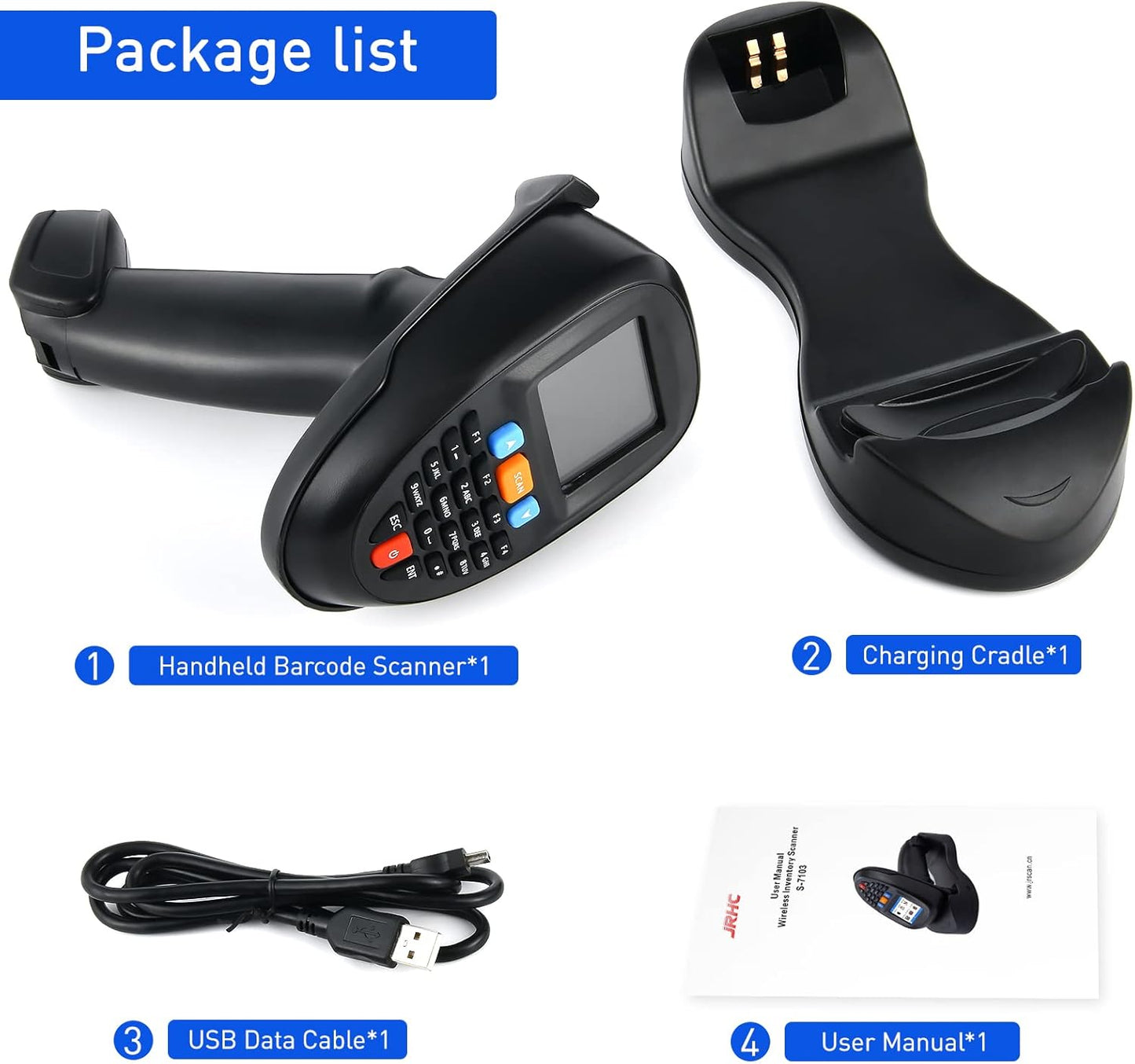 Inventory Scanner Wireless, 1D Barcode Scanner with Charging Base Barcode Reader Inventory Data Terminal Data Collector 2 in 1 USB Connection & 2.4G Wireless Bar Code Scanners with 2.2" Screen