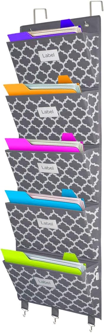 homyfort Over the Door File Organizer, Hanging File Folders, Wall Organizers and Storage for Mail, Magazine, Notebooks, Planners, Office, Classroom, 5 Extra Large Pockets (Grey Lantern Pattern)