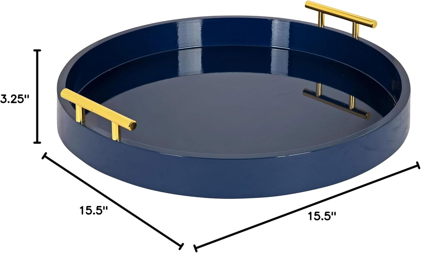 Kate and Laurel Lipton Modern Round Tray, 15.5" Diameter, Navy Blue and Gold, Decorative Accent Tray for Storage and Display