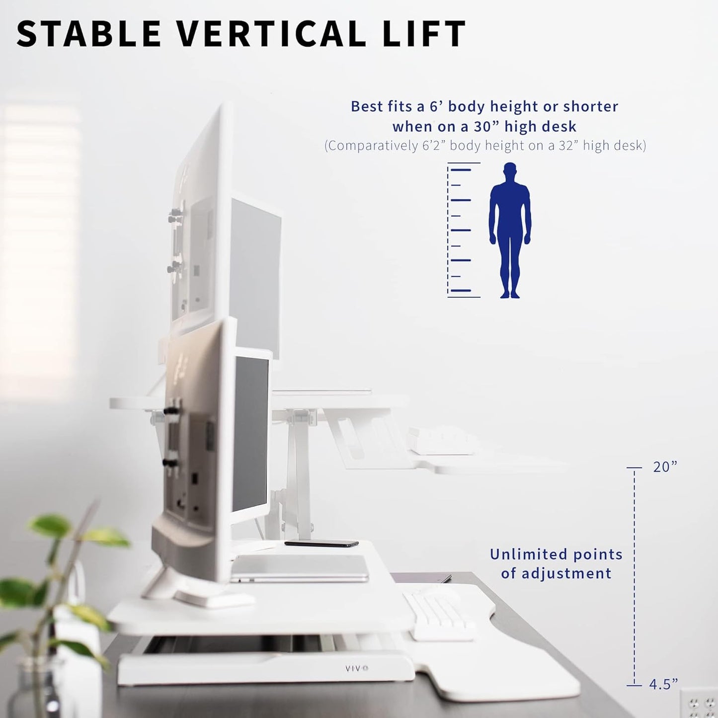 VIVO 42 inch Desk Converter, K Series, Height Adjustable Sit to Stand Riser, Dual Monitor and Laptop Workstation with Wide Keyboard Tray, White, DESK-V042KW