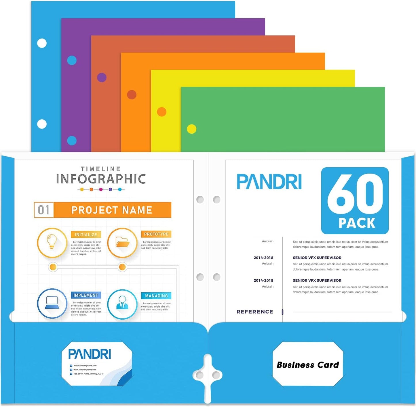 Two Pocket Portfolio Folders, PANDRI 60 Pack 3 Hole Punched 2 Pocket Folders for 3-Ring Binder, Letter Size Paper File Folder for School Office Home Business, Assorted 6 Colors