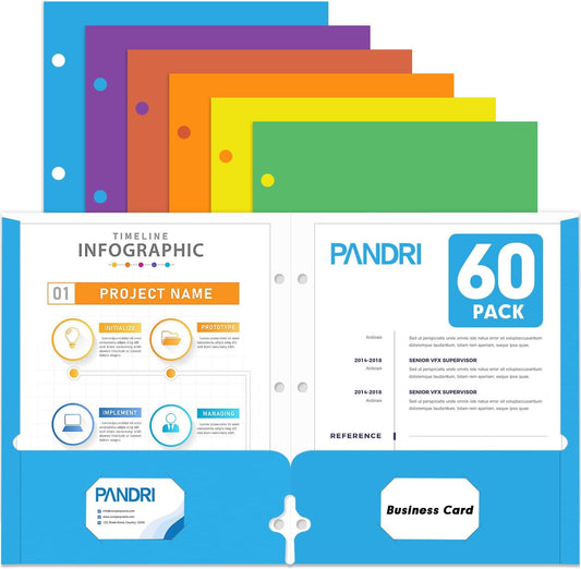 Two Pocket Portfolio Folders, PANDRI 60 Pack 3 Hole Punched 2 Pocket Folders for 3-Ring Binder, Letter Size Paper File Folder for School Office Home Business, Assorted 6 Colors