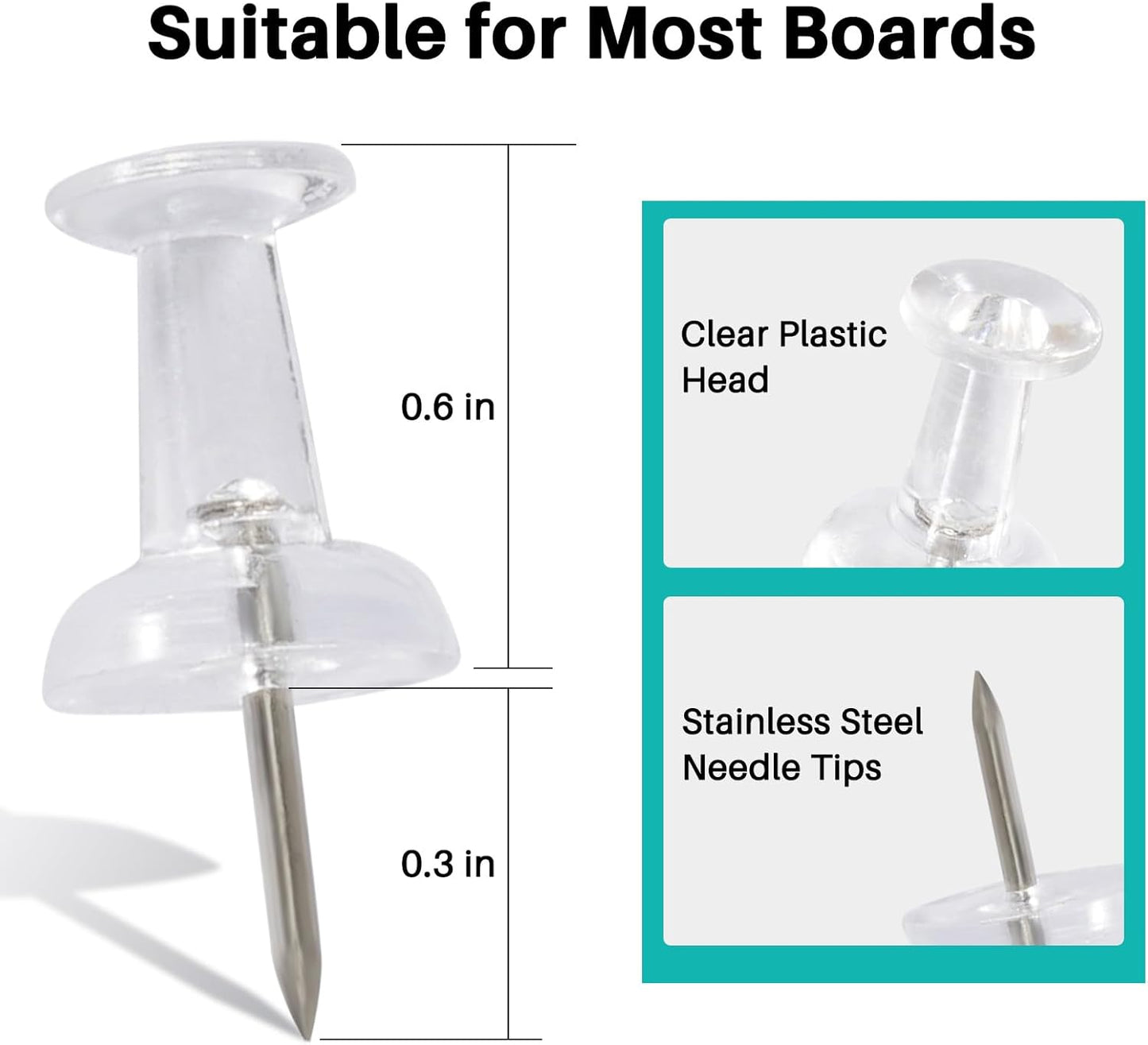 60Pcs Push Pins for Bulletin Board, Thumb Tacks for Cork Board, Clear Plastic Head, Steel Tip, Thumbtacks for Wall Poster Photo Maps Pictures Office Home Decor