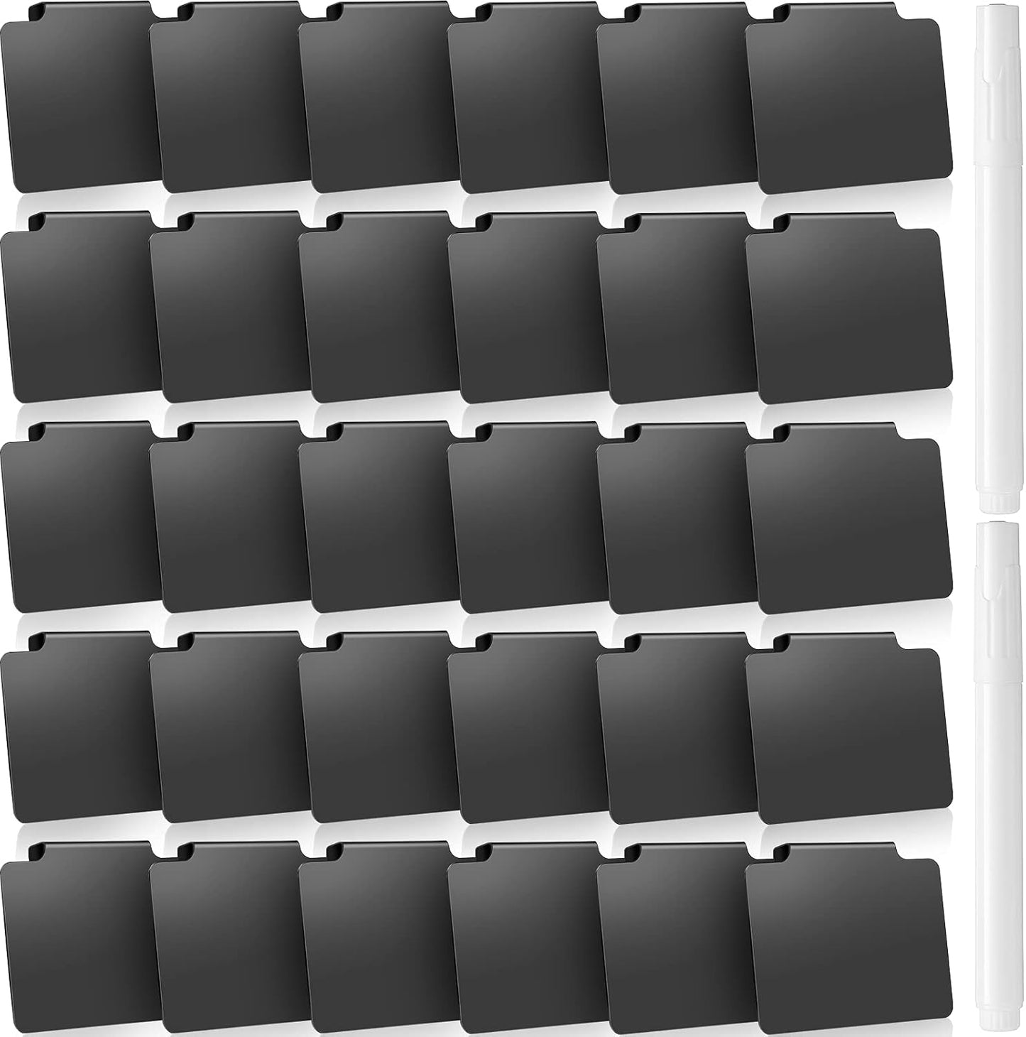 32 Pieces Basket Labels Clip Set, Include 30 Pieces Kitchen Clip Label Holder Removable PVC Bin with 2 Pieces Chalk Marker for Basket Pantry Organization Box (Black Label Clip, White Pen)