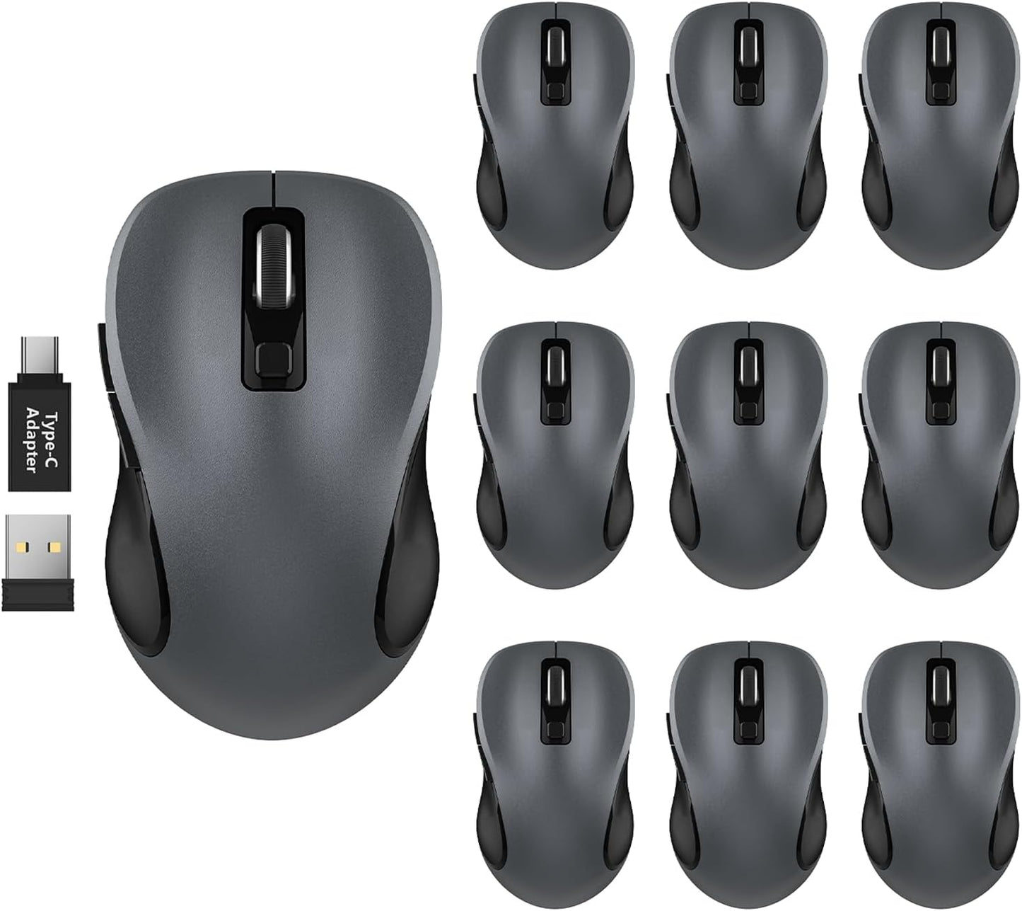 WisFox 2.4G Wireless Mouse for Laptop, Ergonomic Computer Mouse with USB Receiver and Type-C Adapter, 3 Adjustable Levels DPI, 6 Button Cordless Wireless Mice (Grey, 10 Pack)