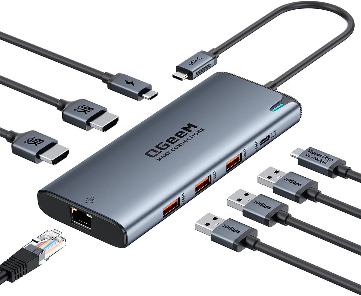 QGeeM USB C Hub,8 in 1 Extender Splitter with Single 8K,Dual 4K@60Hz HDMI,Multiport USB C to Ethernet Adapter for Type C Device,USB A 10Gbps Data,PD100W-M1/M2 only 1 Display