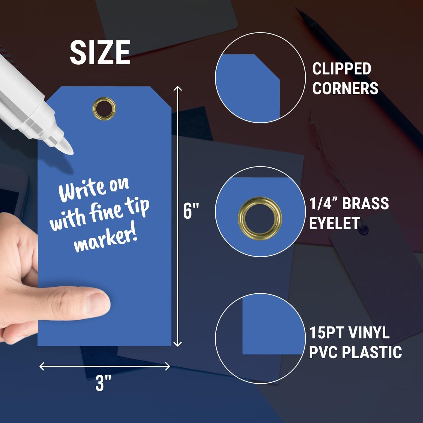 Tags 4 Less 15 Mil Waterproof Plastic Tags, Pack of 100 – 3” x 6” Heavy Duty Plastic Tags for Labeling, Outdoor Tagging, Equipment Labeling, Luggage, Valves & More (Dark Blue)