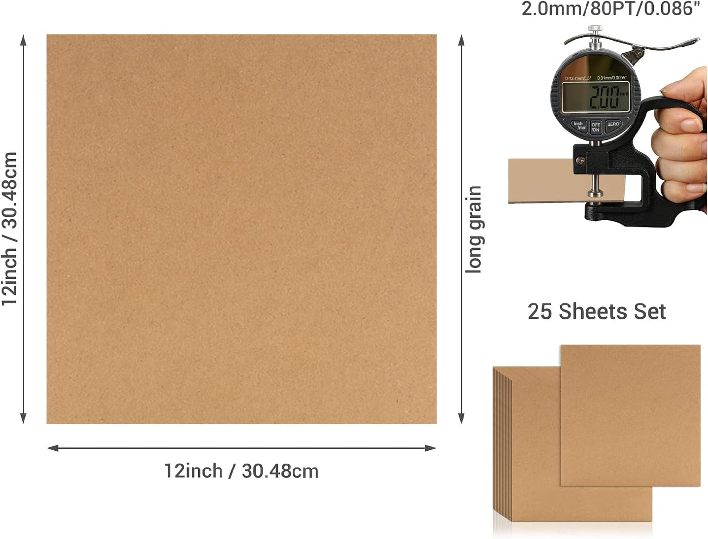 25 Pcs Book Board, Binder Board, Cover Board, Heavy Duty Chipboard for Book Binding, DIY Cardboard (Brown, 12 x 12 Inch 80PT)