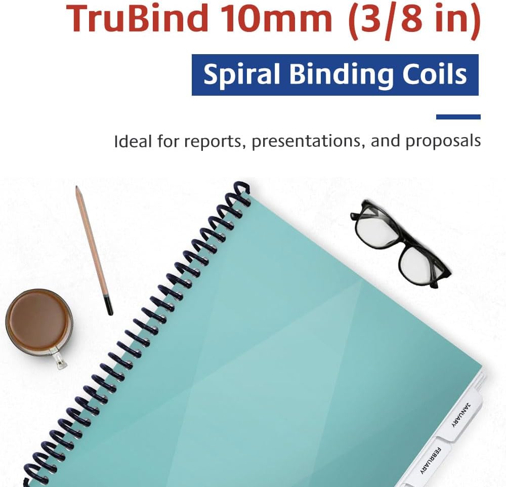 TruBind 10mm (3/8 in.) Spiral Binding Coils for Reports, Presentations and Proposals | 4:1 Pitch | 12 in. Length | Black | 75 Sheets Binding Capacity | 100 Pack