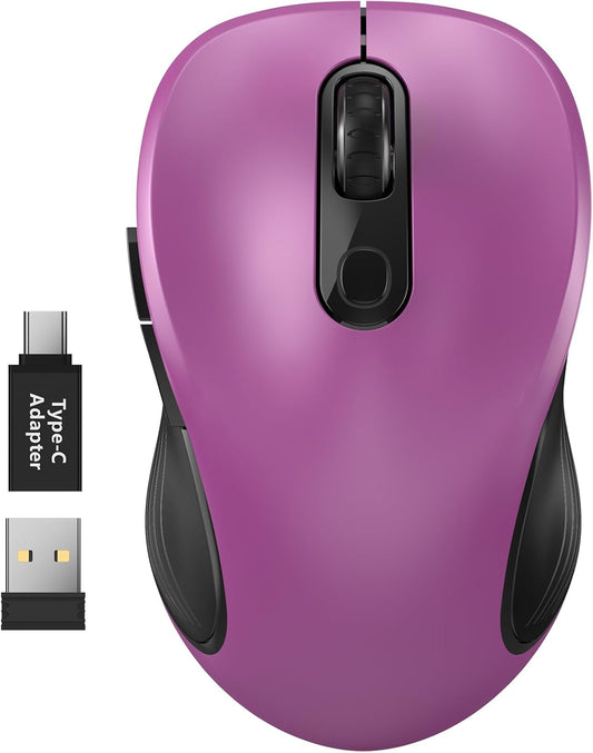 WisFox 2.4G Wireless Mouse for Laptop, Ergonomic Computer Mouse with USB Receiver and Type-C Adapter, 3 Adjustable Levels, 6 Button Cordless Wireless Mice for Windows Mac PC Notebook (Purple)