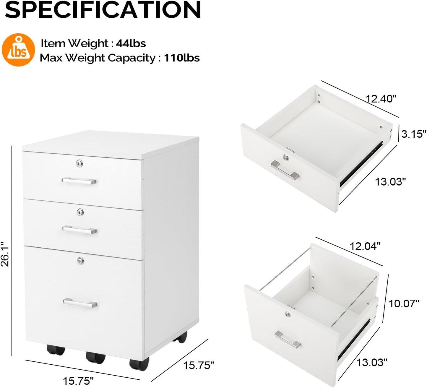 VINGLI 3-Drawer File Cabinet with Lock, Wood Rolling Filing Cabinets for Home Office, Mobile Printer Stand, Under Desk File Organizer for Letter Sized Files, 26" H(Caster Included), White