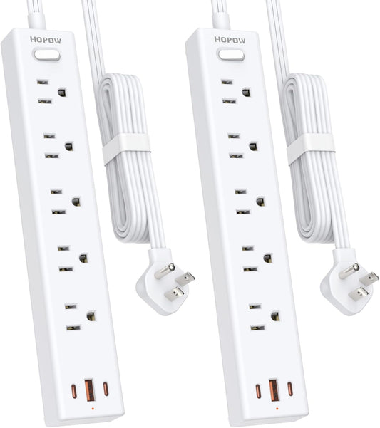 Power Strip Surge Protector, 2 Pack, 6 Ft Ultra Thin Flat Extension Cord, Surge Protector with 5 Outlets & 3 USB Ports (2 USB C), 1700 Joules, 3-Prong, Wall Mount for Home Office Dorm, White