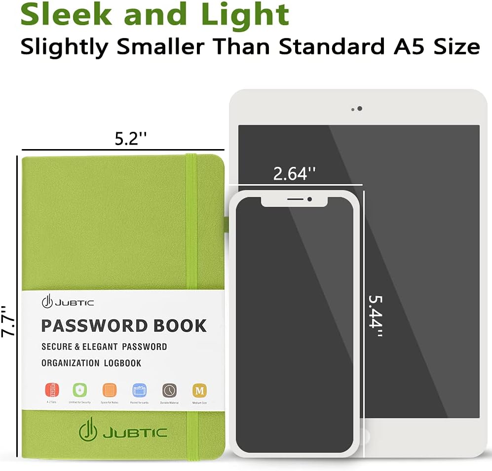 JUBTIC Password Book with Alphabetical Tabs Medium Size Password Keeper Logbook for Internet Log in Website Address Detail. Hardcover Password Notebook Journal & Organizer for Home Office, Green