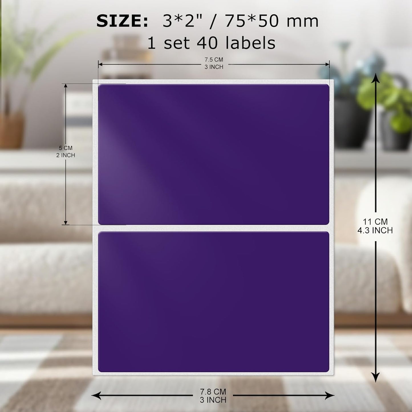 Rectangle Label Stickers 3×2 Inch Vinyl Removable Purple Sticker Waterproof Writable File Folder Moving Labels for Boxes Home Office Labeling 40 PCS