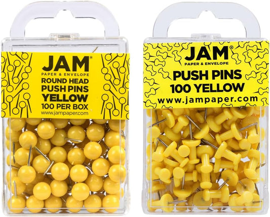 JAM PAPER Colorful Push Pins - Flat & Round Head Thumb Tack Combo Set - Yellow Pushpins - 200/Pack