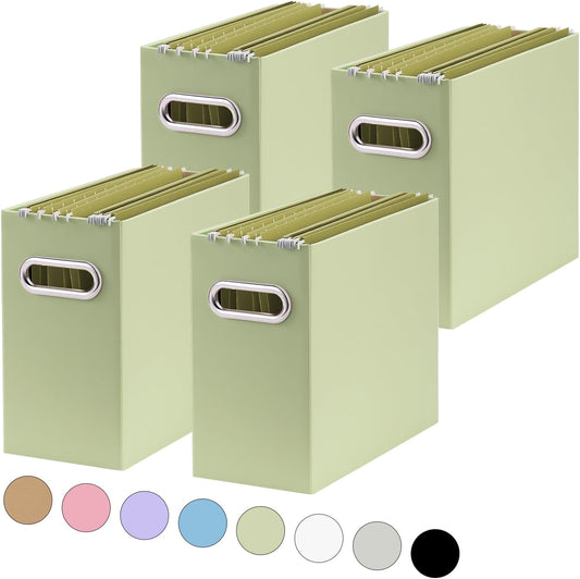 Oterri File Organizer, 4 Packs Small Storage Box, Cardboard File Folder Organizer, Collapsible File Box for Hanging File Folders Letter Size, Portable Filing Organizer with Handle（Green）