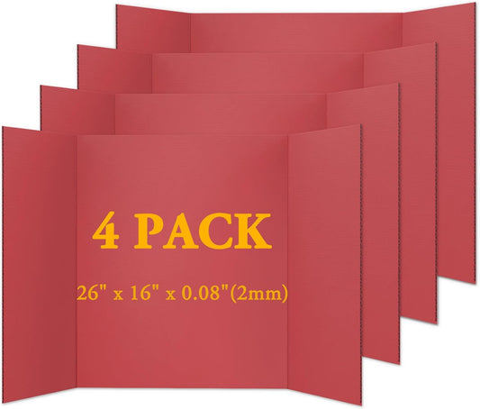 4PCS Medium Trifold Poster Board 26" x 16" Red Tri Fold Presentation Boards, Corrugated Cardboard Picture/Project Display Boards for Event, Exhibition, Business, School Project, Science Fair