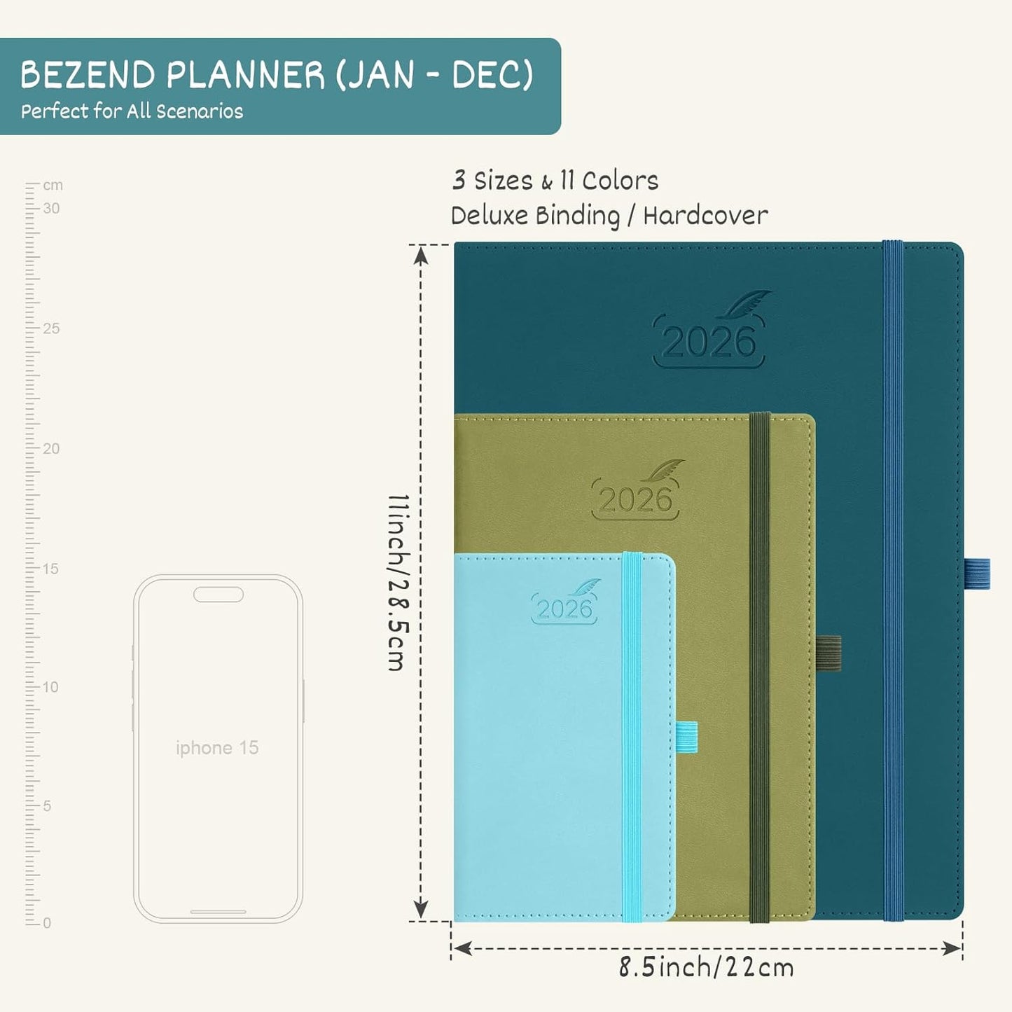 BEZEND 2026 Planner Weekly and Monthly (8.5" x 11") Daily Calendar with Half-Hourly Timeslots & Tab (Jan-Dec) Note & Expenses, Pen Holder, Inner Pocket, Vegan Leather Hardcover - Mint Green