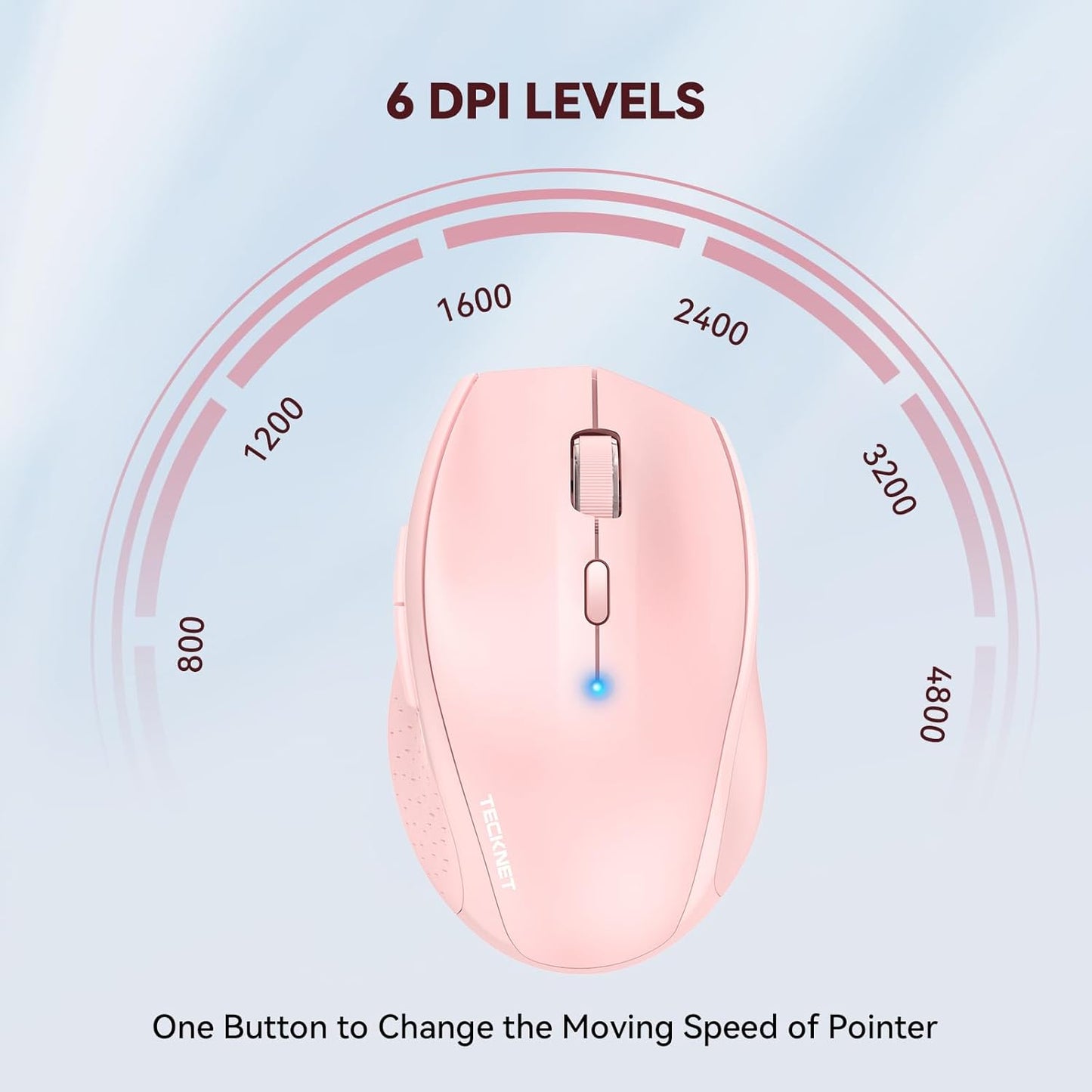 TECKNET Bluetooth Mouse, 4800 DPI Wireless Mouse, 2-Year Battery 6 Adjustable DPI, 6 Buttons Compatible with Laptop/Windows/Computer - Pink