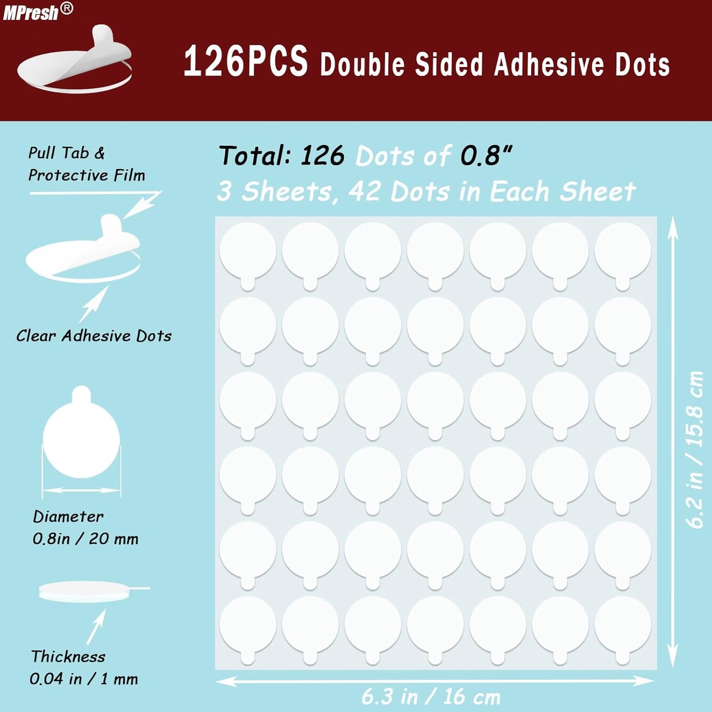 Double Sided Sticky Dots with Pull Tab, 0.79" Adhesive Sticky Tack Tape, Clear Museum Putty Sticky Glue for Wall Hanging, Crafts, Balloons, Poster, Decorations No Residue, 126 Dots