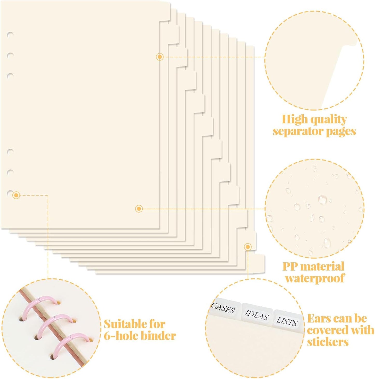 A5 Plastic Binder Dividers 6 Holes Durable Plastic Tab Dividers for 6-Ring Binders, Notebooks, Planners, 5.7x8.3 inch (Beige, 12 tab)
