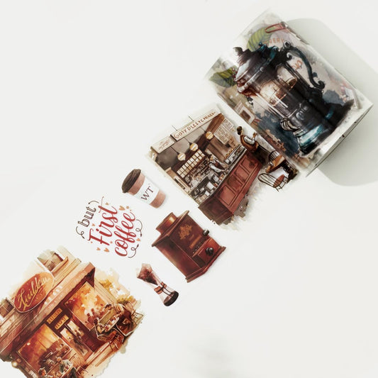 WT Caffeine Canvas Wide PET Tape, Single Roll, Original Designs, Watercolor Vintage Cafe Decorative Transparent Tape, Journal Scrapbook Bujo Planner DIY Craft Supplies, Coffee Theme