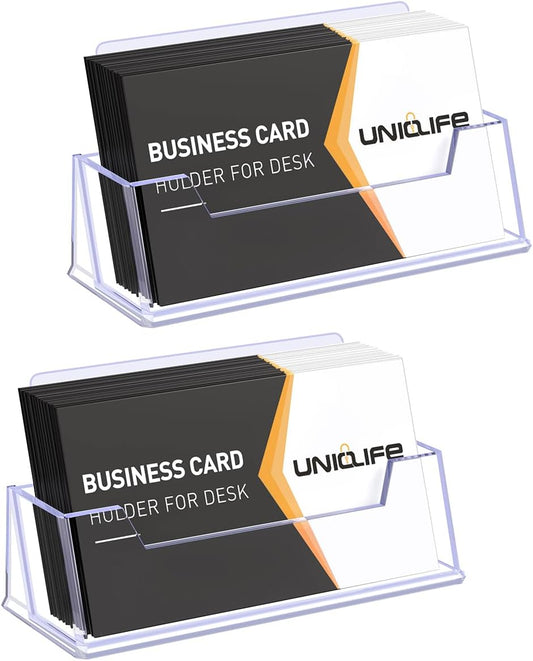 Uniclife 2 Pack Acrylic Business Card Holder for Desk 1 Slot Clear Business Card Display Stand for Men & Women Desktop Business Card Organizer Card Stand for Office Home Exhibition, 60 Card Capacity