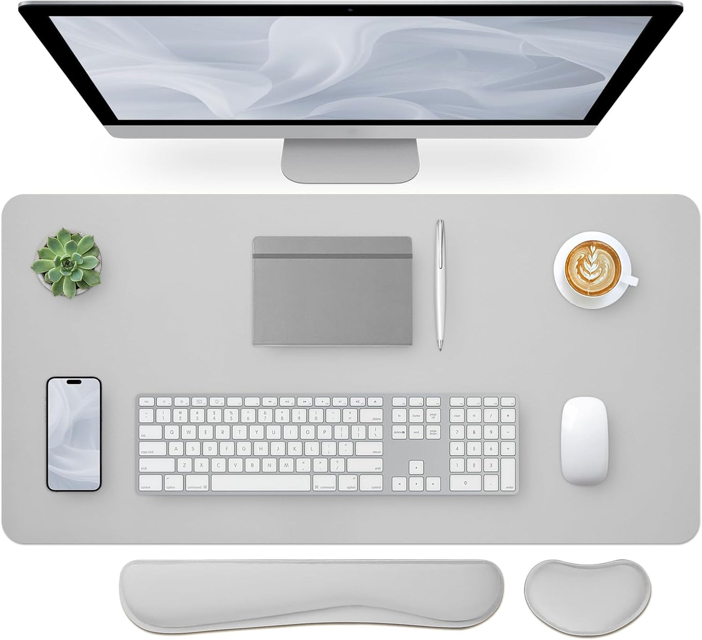 Bloss Leather Desk Pad and Keyboard Wrist Rest, Large Mouse Pad + Keyboard Pad+Mouse Wrist Support, Non-Slip Desk Mat Protector for Office, Home(35.4×15.7 Inches, Light Grey)