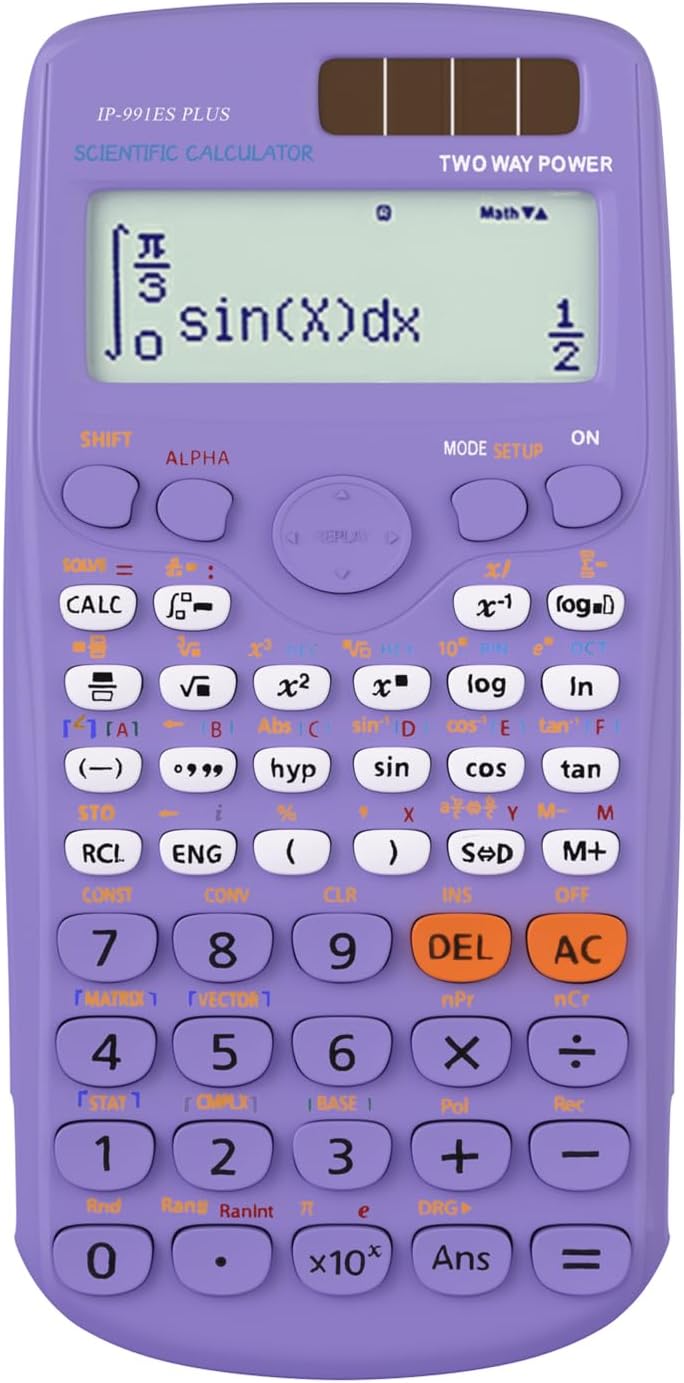 Scientific Calculators, IPepul Purple Math Calculator with 417 Function, Solar Battery Power and 4-Lines Display, School Supplies for Middle High College Students Teachers (Purple 991ES Plus)