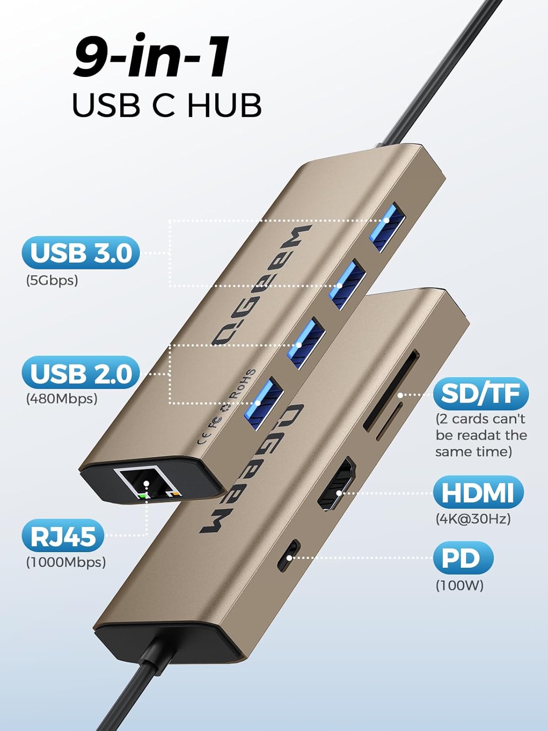 QGeeM USB C Hub Ethernet,9 in 1 USB Type C Hub HDMI Multi-Port Converter Adapter,100W Pd, USB 3.0,SD/TF Card Reader,Compatible for MacBook Pro Air Ipad HP Dell Lenovo Chromebook etc.-Brown