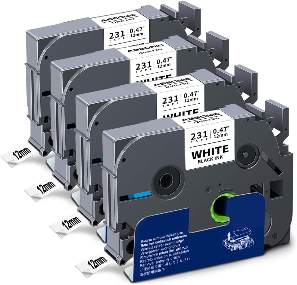 Tze 12mm 0.47" Laminated White Tz Tape Tz-231 Compatible for Brother Tze-231 Ptouch 1/2 Label Tape Tz231 for P Touch PTH100 PTD220 PTH111 PTD210 PT1290 PTD400 PTD600 PTD410 Label Maker, 4 Pack