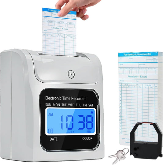 Employee Time Clocks for Small Business, Auto-Align Time Clock Punch Machine with 50-Piece Time Cards, Two Security Keys, and One Ink Ribbon Cartridge