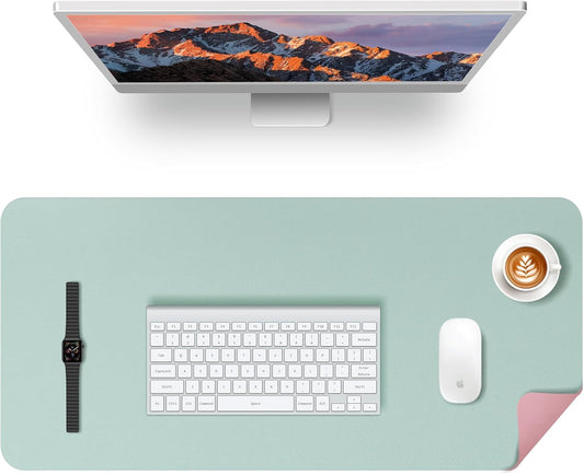 KINGFOM Desk Pad Office Desktop Protecter, PU Leather Desk Mat Blotters Organizer with Comfortable Writing Surface (47.2" x 23.6", Light Green+Pink)