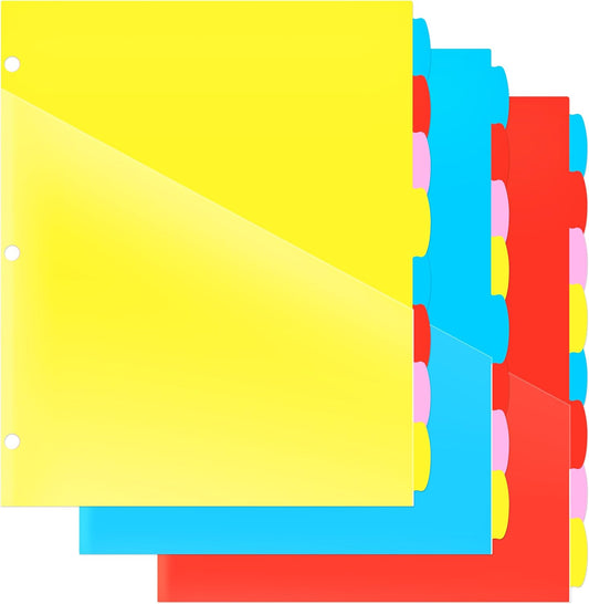 8 Tabs Plastic Dividers with 2 Clear Pockets - 3 Sets, Pocket Dividers for 3-Ring Binders, Multi-Color Binder Dividers, Total 24 Tabs