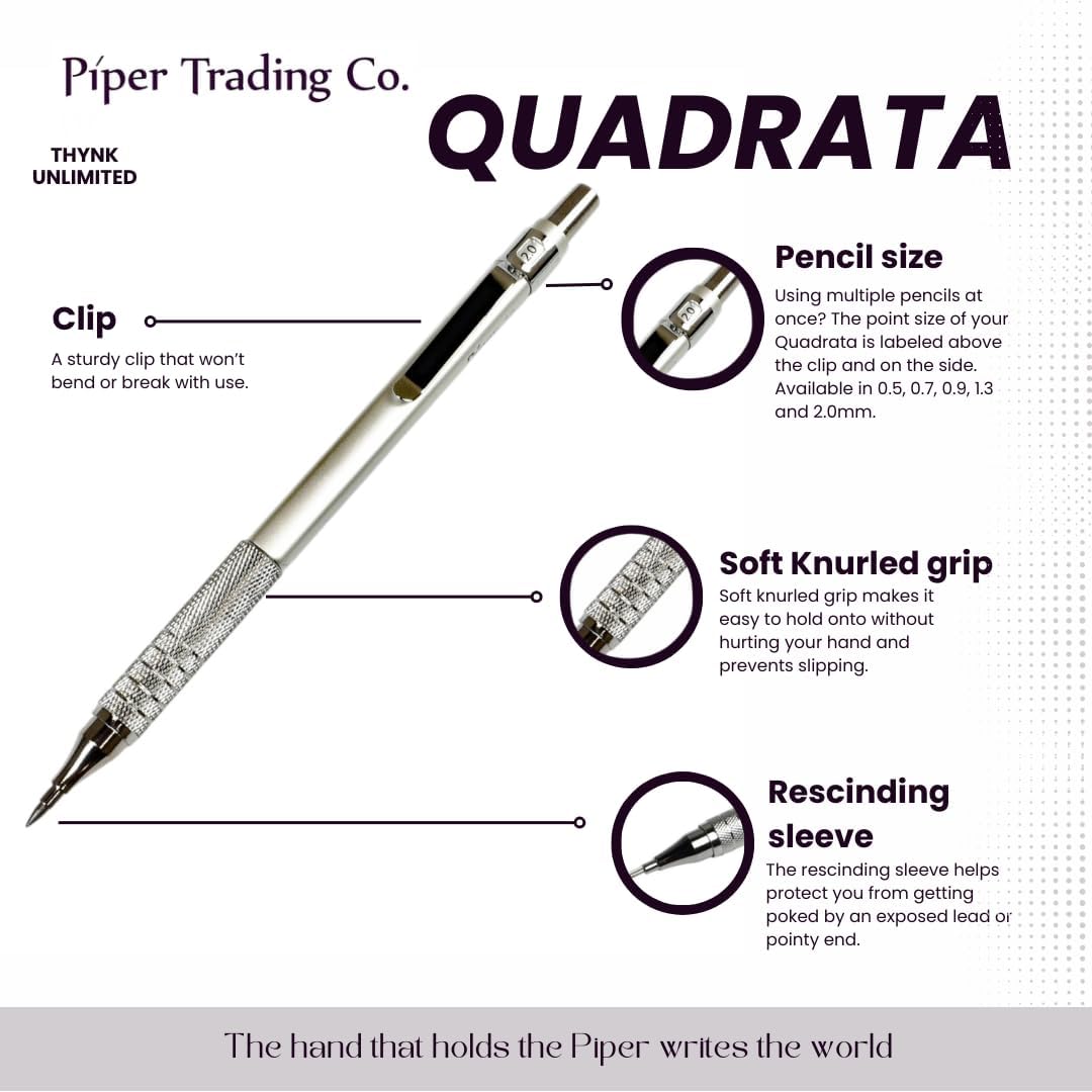 PIPER Quadrata Metal Mechanical Pencil 0.7mm with Erasers and HB #2 Lead Refills for Art, Sketching, Writing, Drafting (Cinnamon Red)