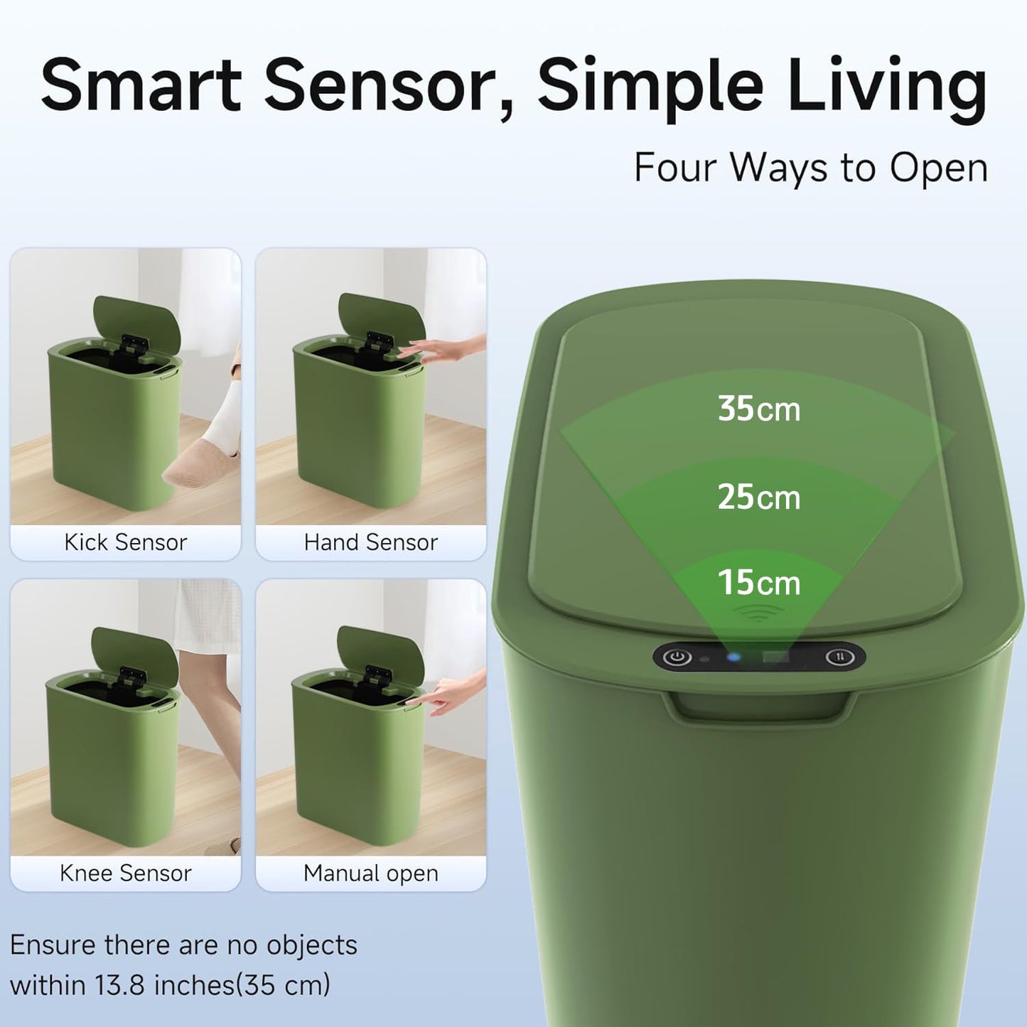 5 Gallon Motion Senor Bathroom Trash Can with Lid, Automatic Garbage Can Touchless, Smart Plastic Waste Basket for Narrow Spaces, Bathroom, Office, Bedroom, Living Room (Green)