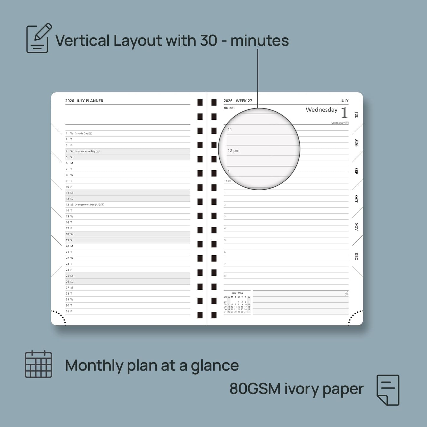 POPRUN 2026 Daily Planner One Page A Day - [8.5" x 5.75" Wire-Bound Hard Cover] Agenda 2026 Hourly Appointment Book with Monthly Calendar, Inner Pocket, Ivory Paper - Haze Blue