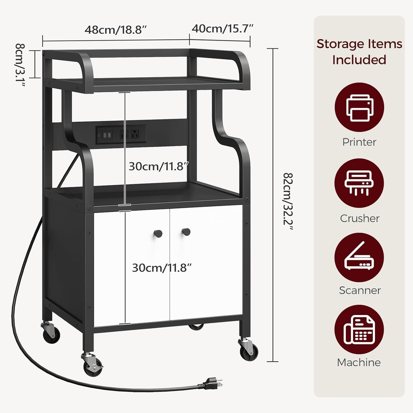 Printer Stand with Storage,Printer Table for Home Office with Charging Station, Large Rolling Cart with Wheels, Printer Cabinet with Open and Hidden Space, Black and White PTHW48E01