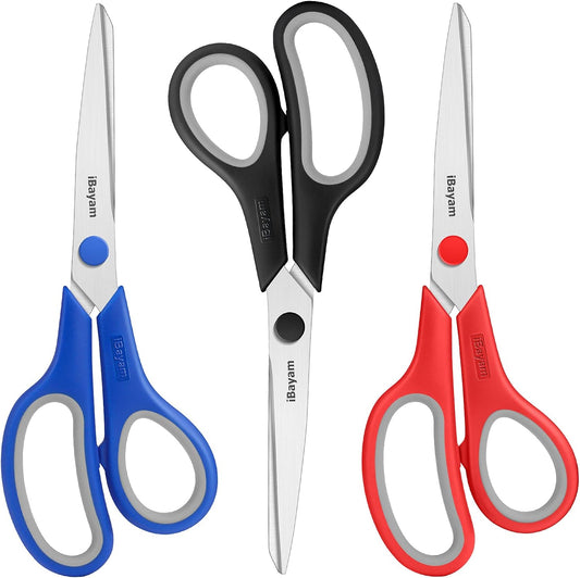 Scissors, iBayam 8" All Purpose Scissors Bulk 3-Pack, Ultra Sharp 2.5mm Thick Blade Shears Comfort-Grip for Office Desk Accessories Sewing Fabric Home Craft School Supplies, Right/Left Handed